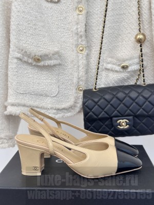 Chanel Slingback 7cm Printed Lambskin & Patent Calfskin Beige Black 2025