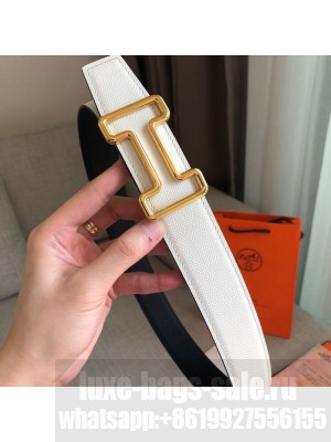 Hermes Tonight Reversible Leather Buckle Belt 38mm Black/White/Gold Collection