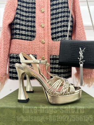 Gucci Lambskin Platform 11cm Heel Sandals with GG Chain 2023 Gold