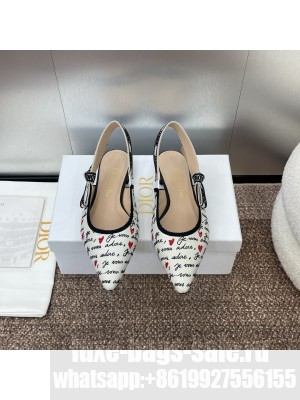 Dior J'Adior Dioramour Slingback Flat White Cotton with Embroidered Black and Red Je Vous Adore Motif