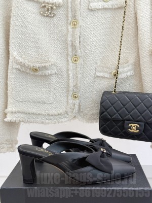 Chanel Lambskin Heel Mules with Bow Black 2025