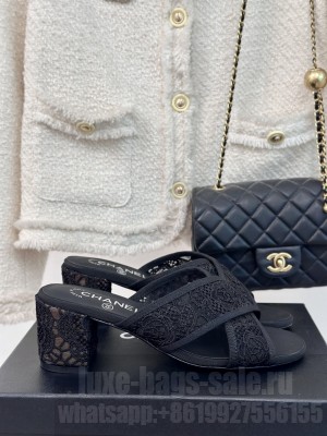 Chanel 6.5cm Mesh Lace Camellia Cross Slide Black