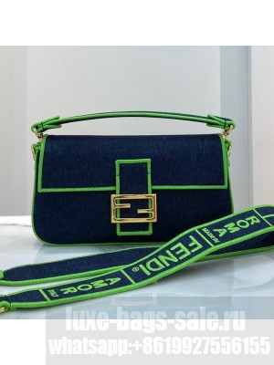 Fendi Baguette Medium Denim Flap Bag Dark Blue/Green  2021 Collection