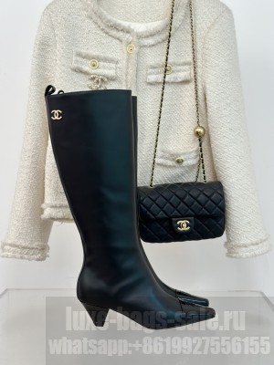Chanel Women's 5cm CC Logo Calfskin Leather Black Hight Boots 