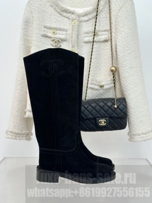 Chanel Women's 3cm Suede Rider Long Boots Black 2024 