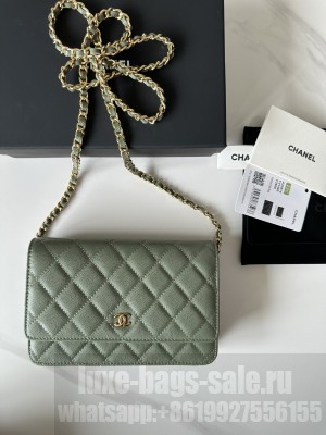 Chanel Caviar Leather & Gold-Tone Metal Wallet On Chain WOC Bag A33814 Green