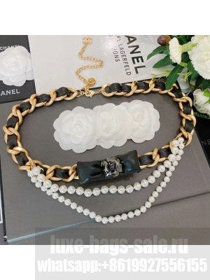 Chanel Pearl Chain Belt with Bow AB4460 Black/Gold/White  2021 Collection