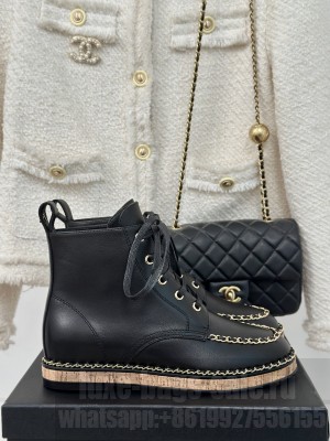 Chanel Calfskin Wood Ankle Boots with Chain Black 2024
