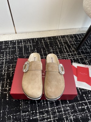Roger Vivier Viv' Strass Buckle Mules in Camel Suede