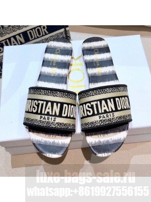 Dior Dway Flat Slide Sandals in Black Stripes Embroidered Cotton Spring/Summer 2021 Collection 46