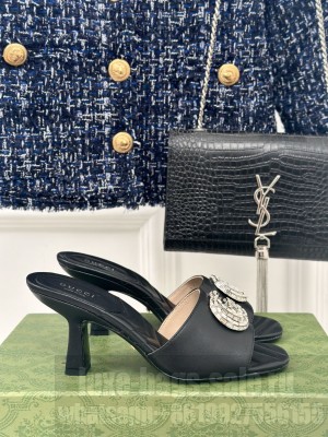 Gucci Women's Calfskin 7cm Crystals Double G Mule Slide Sandals Black