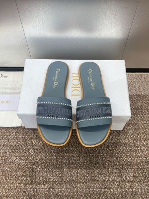 Dior Dway Slide Pastel Blue Calfskin and Embroidered Cotton With Pearls Flat 2025