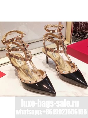 Valentino Heel 9.5cm Rockstud Caged Ankle Strap Pumps in Patent Leather Black