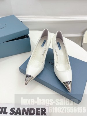 Prada Brush Leather Pumps 7.5cm with Metal Logo 2022 Collection,White