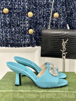 Gucci Women's Calfskin 7cm Crystals Double G Mule Slide Sandals Blue