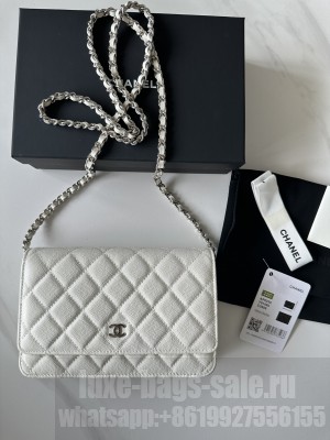 Chanel Caviar Leather & Silver-Tone Metal Wallet On Chain WOC Bag A33814 White