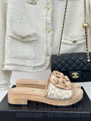 Chanel Calfskin Heel Slides Sandal 4cm with Camellia Bloom 09
