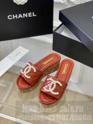 Chanel Patent Calfskin with Pearl CC Wedge Slide Sandals 02