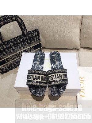 Dior Dway Flat Slide Sandals in Black Around the World Embroidered Cotton 2021 Collection 