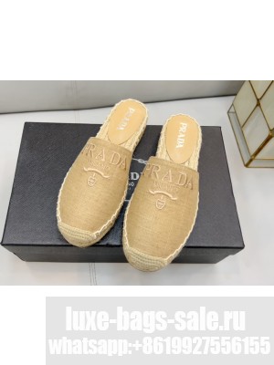 Prada Linen Logo Embroidered Slides Espadrilles Flats 2022 Collection,Beige