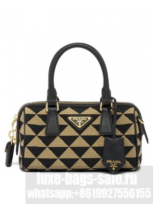 Prada Symbole Embroidered Jacquard Fabric Top-handle Bag Black