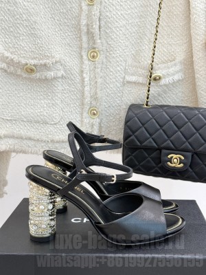 Chanel Sandals Kidskin, Imitation Pearls, Strass & Metal Black G46097 heel 8.5cm 2025