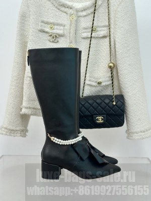 Chanel Black Calfskin 5.5cm with Maxi Bow and Pearls Long Boots
