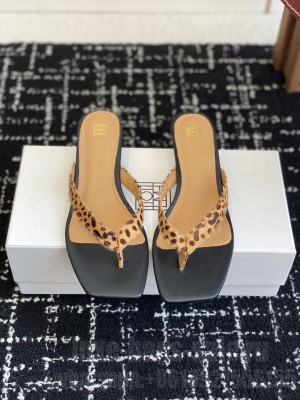 TOTEME leopard haircalf heeled flip flops