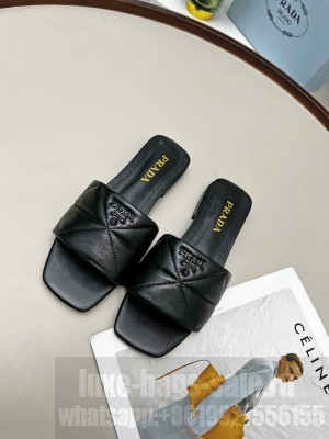 Prada Calfskin Leather Flat Slide Sandals 2022 Collection black