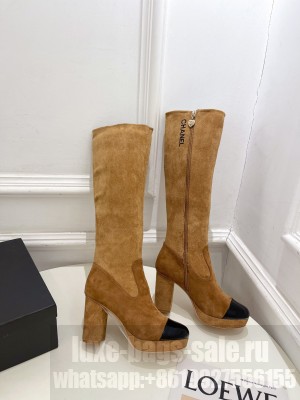 Chanel Suede and Calfskin Heel 8cm platform 2cm Heel High Boots Brown