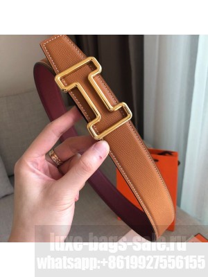 Hermes Tonight Reversible Leather Buckle Belt 38mm Burberrygundy/Khaki/Gold 2019 Collection