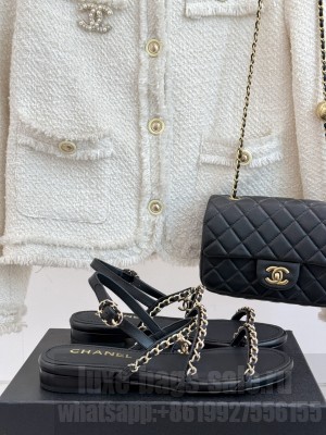 Chanel Lambskin Flat Sandals with Chain Strap Black 2025 G45667