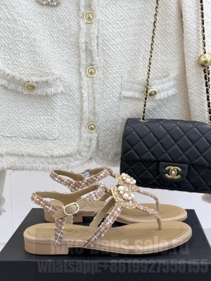 Chanel Tweed Camellia CC Pearl Flip Flops Sandal Beige 2025