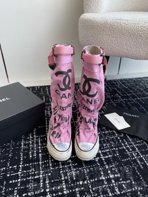 Chanel Graffiti Canvas High Boots Pink