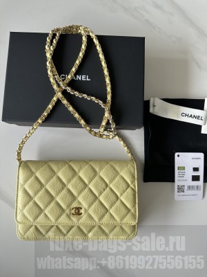 Chanel Caviar Leather & Gold-Tone Metal Wallet On Chain WOC Bag A33814 Yellow