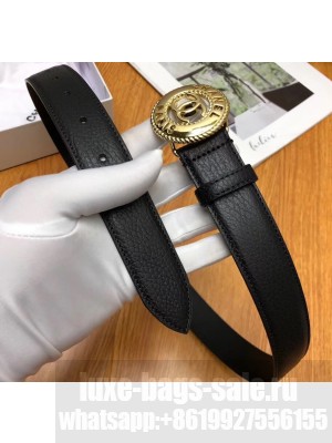 Chanel Width 3cm CC Logo Round Buckle Leather Belt Black/Gold