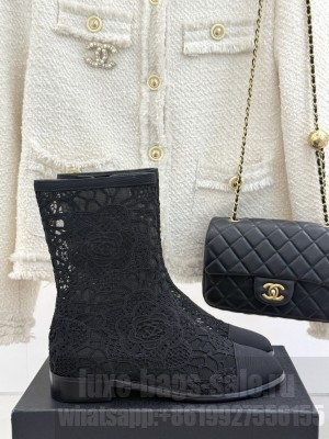 Chanel Lace Flat Ankle Boots Black 2025 