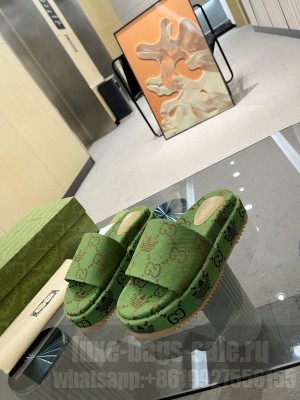 Gucci×Adidas Women's Green Canvas platform slide sandal 2022 Collection 