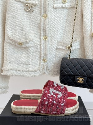 Chanel Tweed Espadrilles Crystal CC Logo Slide Mules Red
