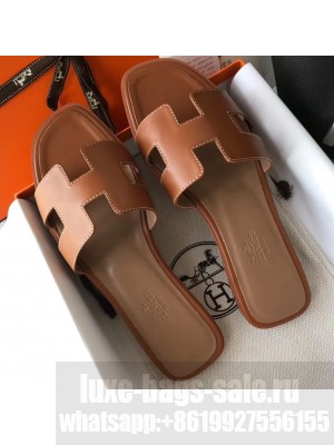 Hermes Oran Flat Slipper Sandals in Swift Box Calfskin Brown