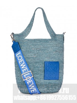 Loewe Mini Slit Bag In Raffia And Calfskin Blue