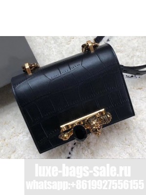 Alexander Mcqueen Small Jewelled Satchel Bag Embossed Croc Black/Gold