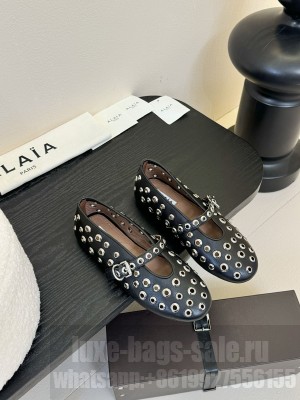 Alaïa BALLET FLATS IN VIENNE LAMBSKIN WITH EYELETS BLACK/SLIVER