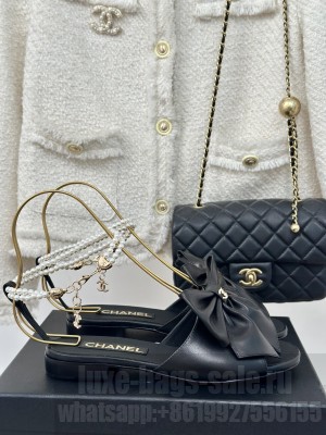 Chanel Lambskin Flat Sandals with Maxi Bow and Pearls Black 2024 