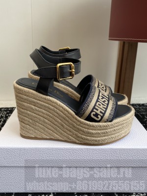 Dior Dway Wedge Sandal Deep Blue Calfskin and Embroidered Cotton