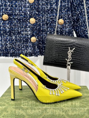 Gucci Women's Yellow Patent Leather 12cm Rhinestone Chain Pumps 