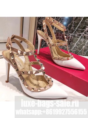 Valentino Heel 9.5cm Rockstud Caged Pumps in Patent Leather White