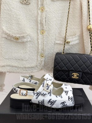 Chanel satin CC logo flat sandals white