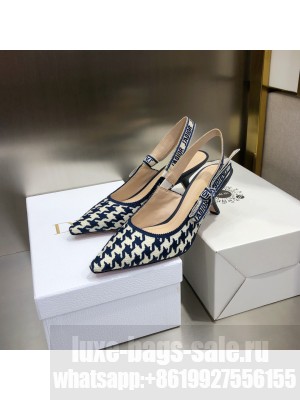 Dior J'Adior Slingback Pumps 6.5cm in Cotton Embroidery with Micro Houndstooth Deep Blue/White 2022 Collection