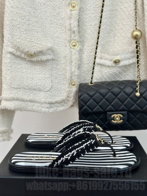 Chanel Striped Flat Thong Slides Sandal Black/White 2024 